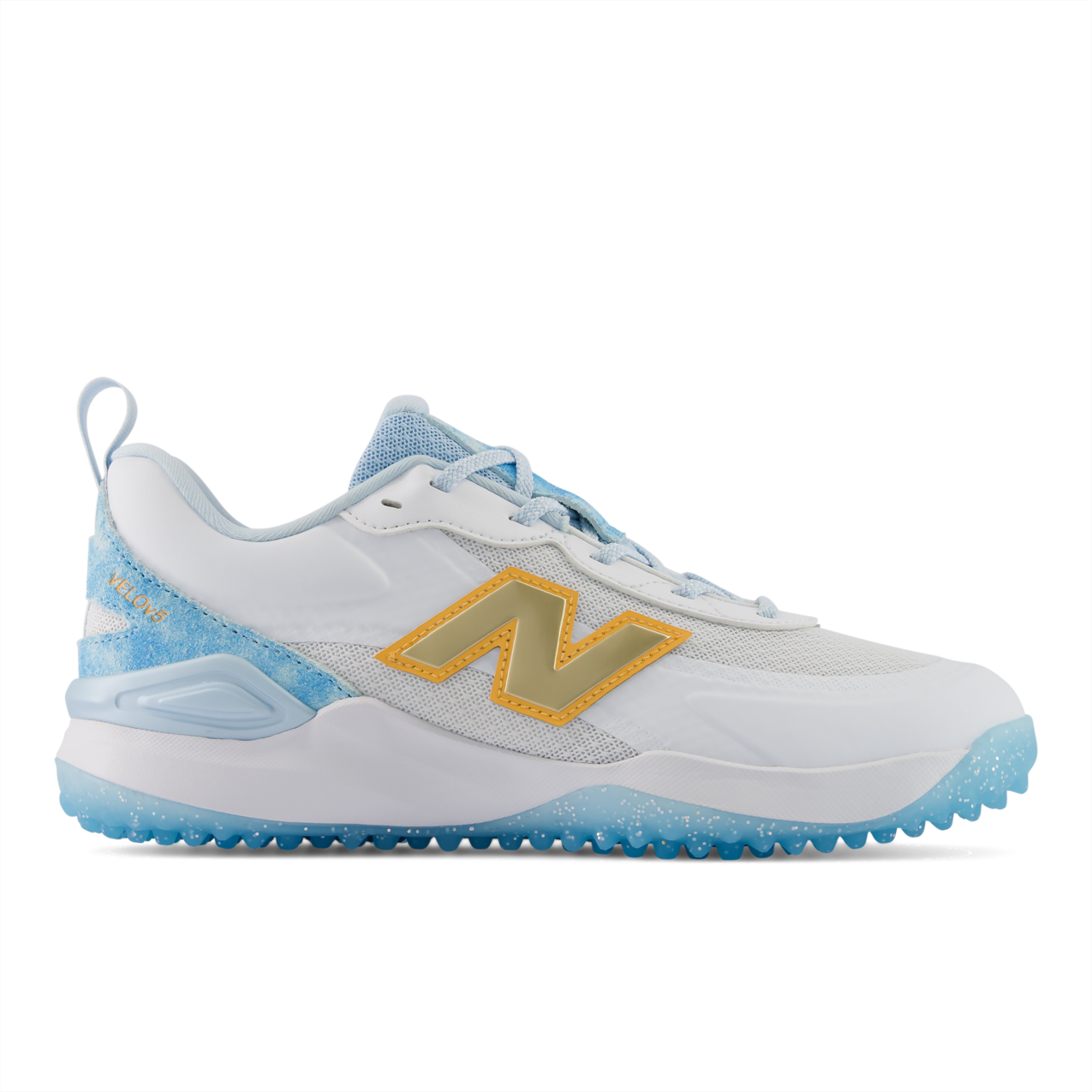 New Balance Velo v5 Turf – White/Team Sky Blue/Gold (WVELO2B4)