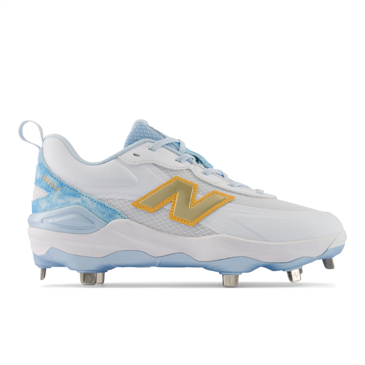 New Balance Velo v5 Turf – White/Team Sky Blue/Gold (WVELO3EM)