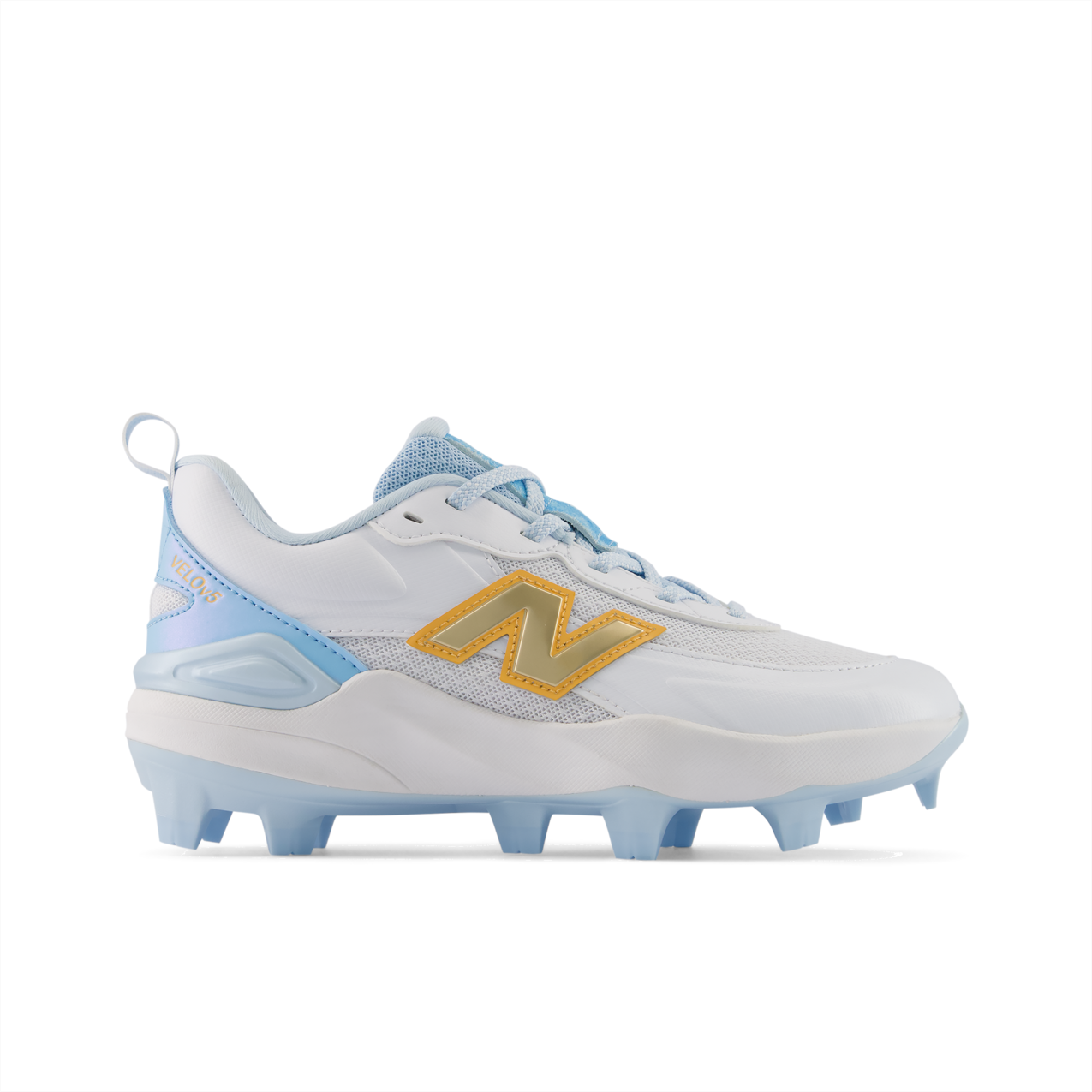 New Balance Velo v5 Youth – White/Team Sky Blue/Gold