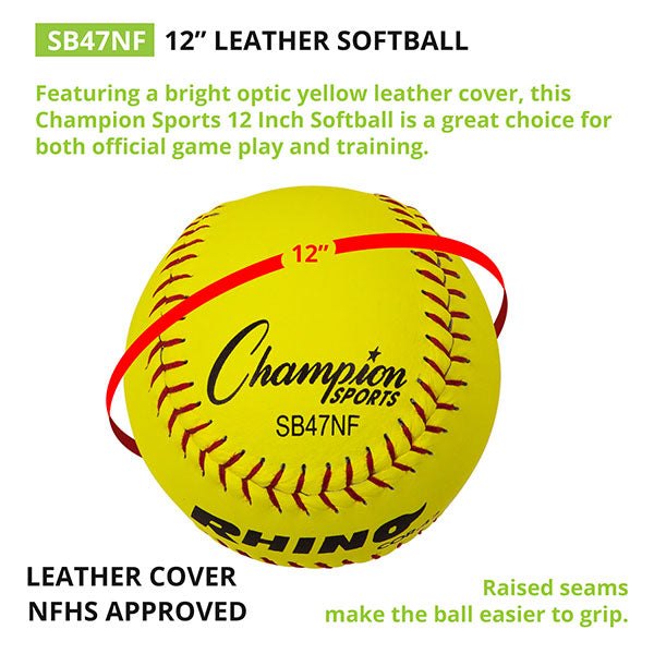 Champion Sports 12" Leather Poly Core Softball, NFHS Approved - Dozen