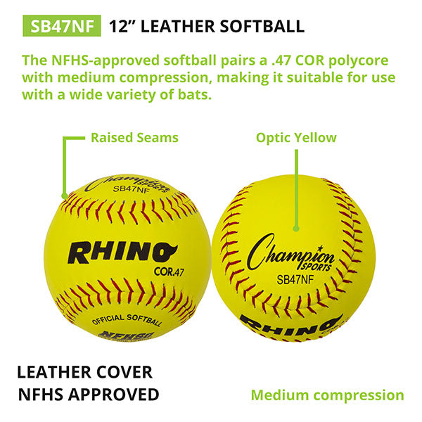 Champion Sports 12" Leather Poly Core Softball, NFHS Approved - Dozen
