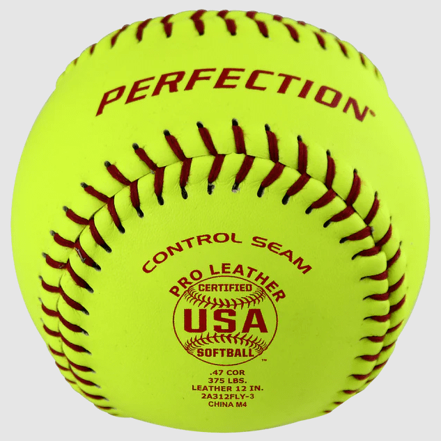Yellow softball with red stitching