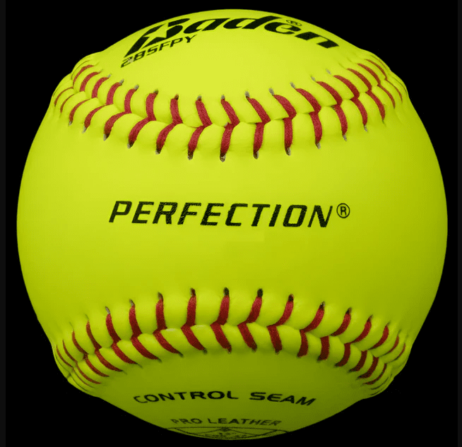 Bright yellow softball with branding