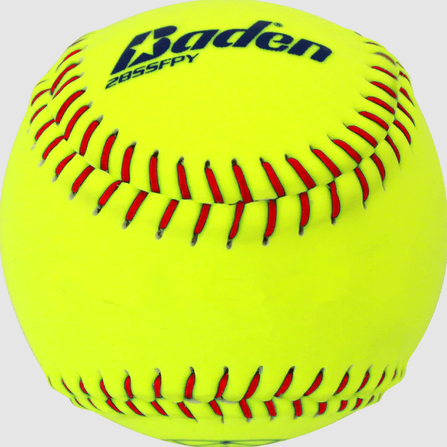 Bright yellow softball with red stitching