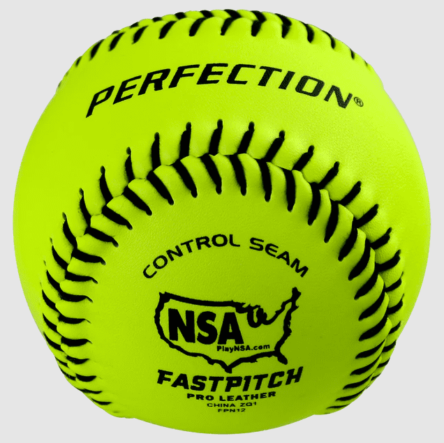 Bright yellow fastpitch softball with branding
