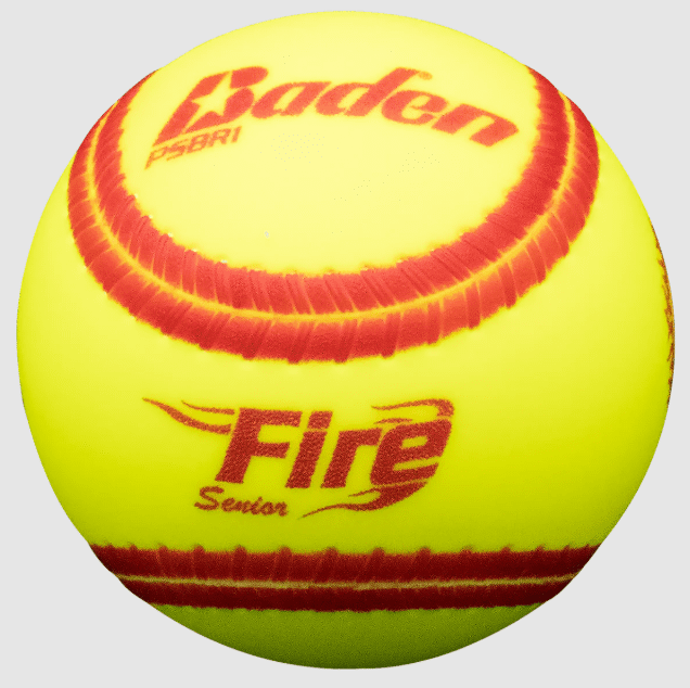 Bright yellow softball with red stitching