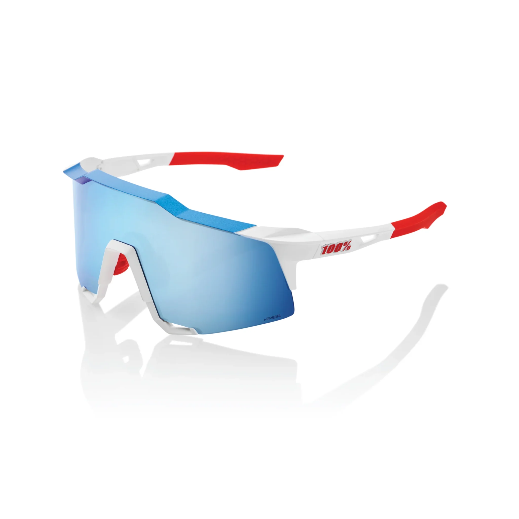 Stinger 100% Speedcraft Sunglasses - TotalEnergies Team Matte White & Metallic Blue / HiPER Blue Multilayer Lens