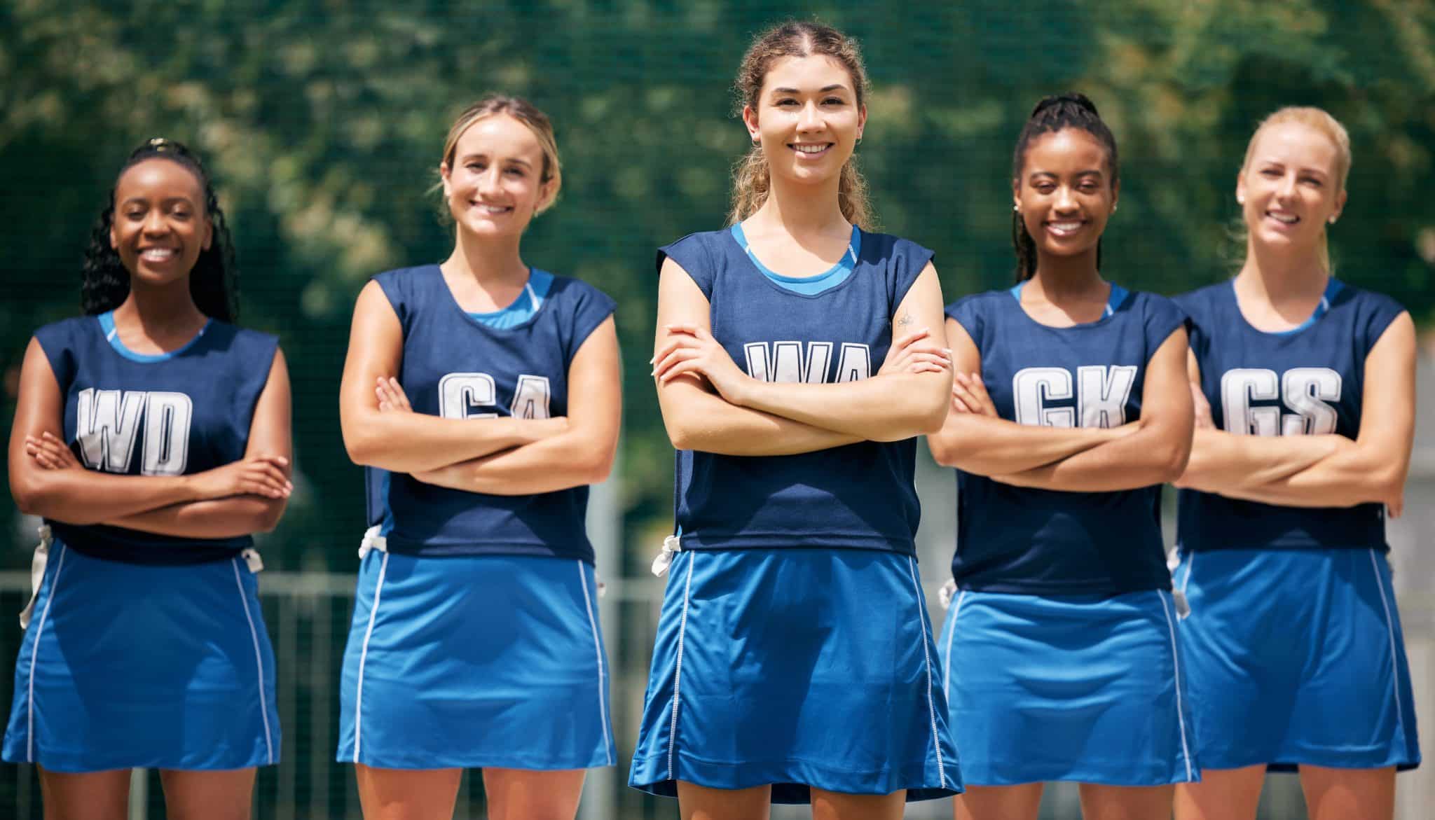 sport fitness girl netball team portrait court teamwork athlete exercise together outdoor sports motivation workout diversity ready gam