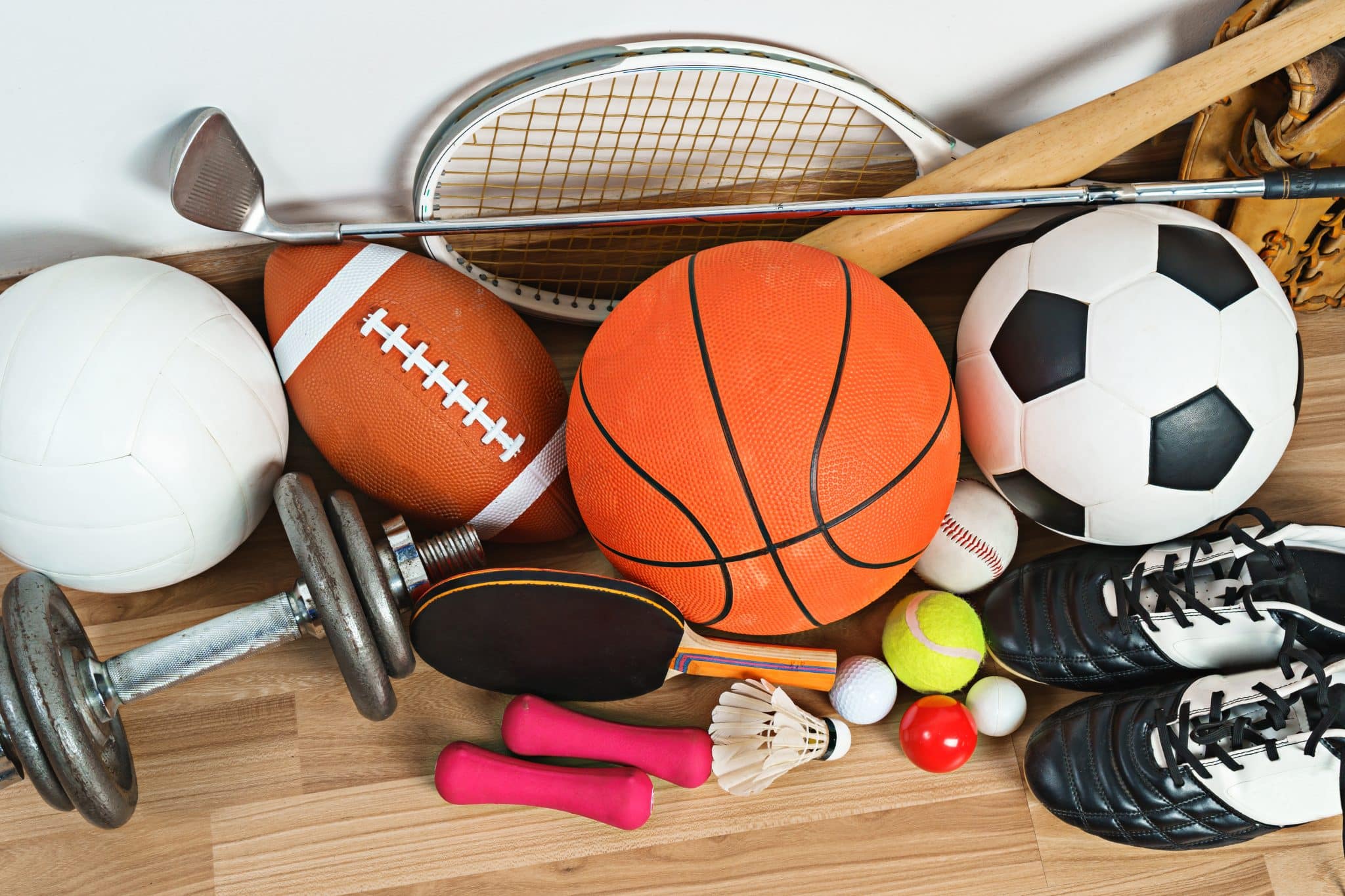 sports equipment wooden background